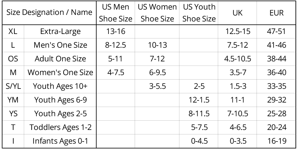 Women's Sock Sizes Chart